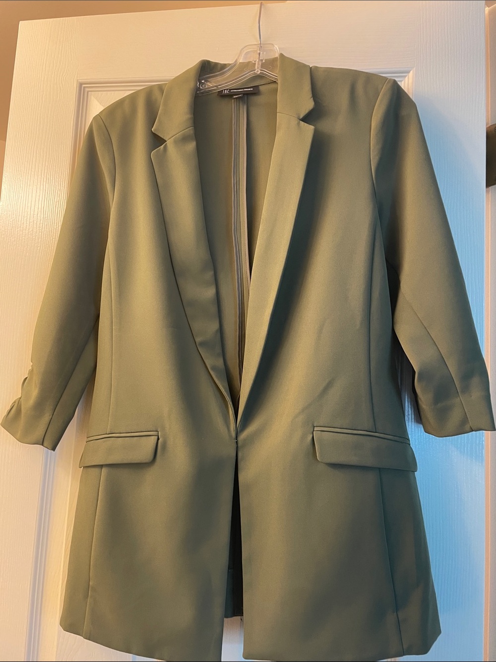 INC International Concepts Olive Green Longline Blazer with 3/4 Ruched Sleeves